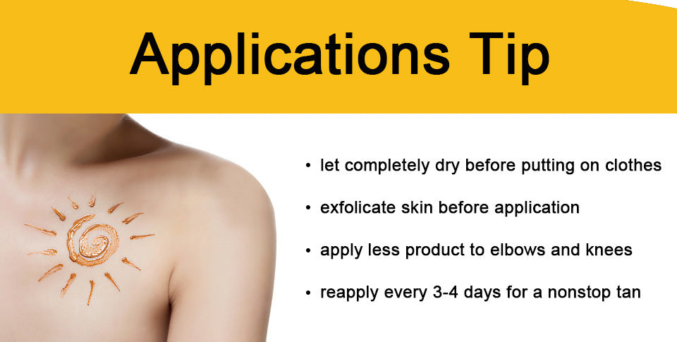 Sun tan lotion application tip with a sun design on skin and text on a yellow and white background