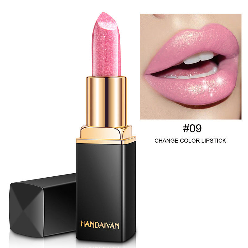 Pink lipstick with gold cap and black casing, featuring the brand 'HANDAIYAN'.