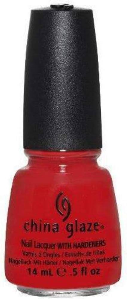 Red nail polish bottle with black cap on a white background