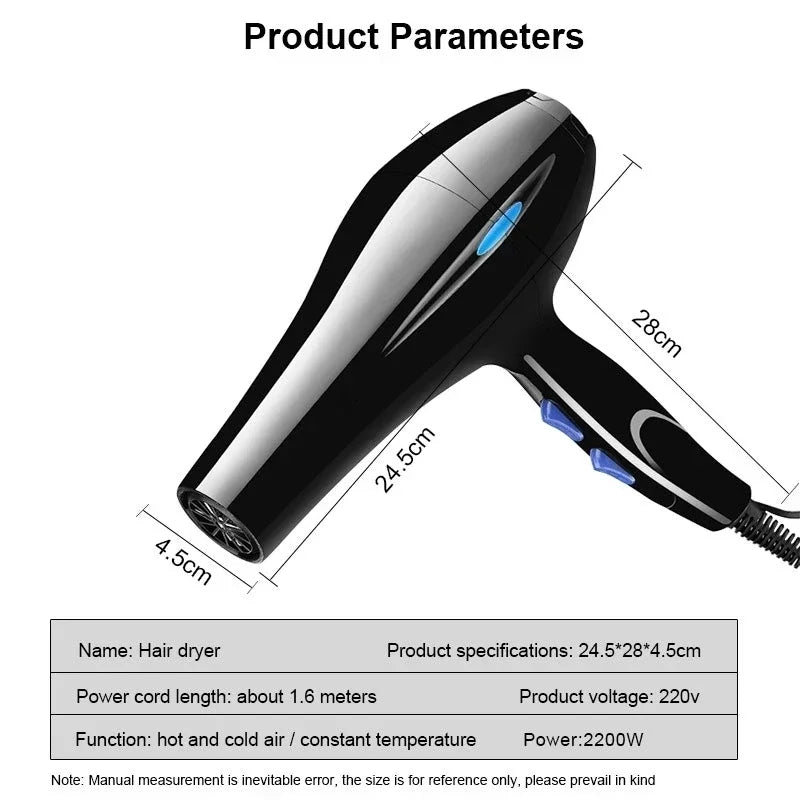 Powerful Ionic Hair Dryer – 2200W Hot & Cold Airflow with Fast-Dry Technology