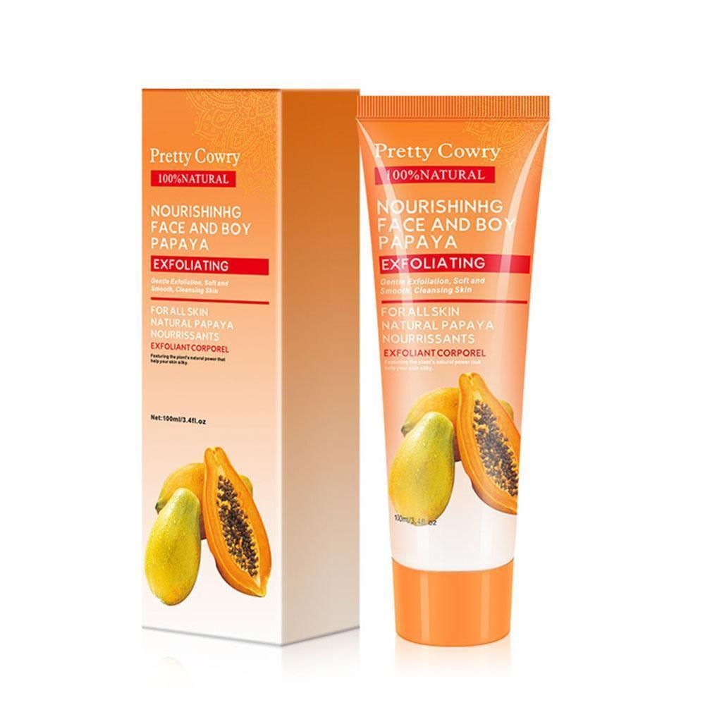 Pretty Cowry nourishing face and body papaya exfoliating product with packaging on a white background
