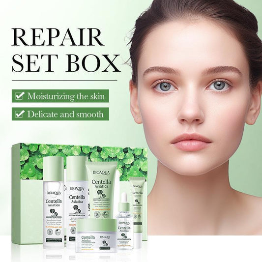 Biotherm Centella Asiatica skincare set with a model's face on a green background