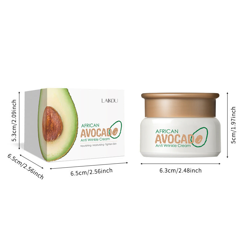 African Avocado Anti-Wrinkle Cream packaging with dimensions and an avocado illustration on a white background.