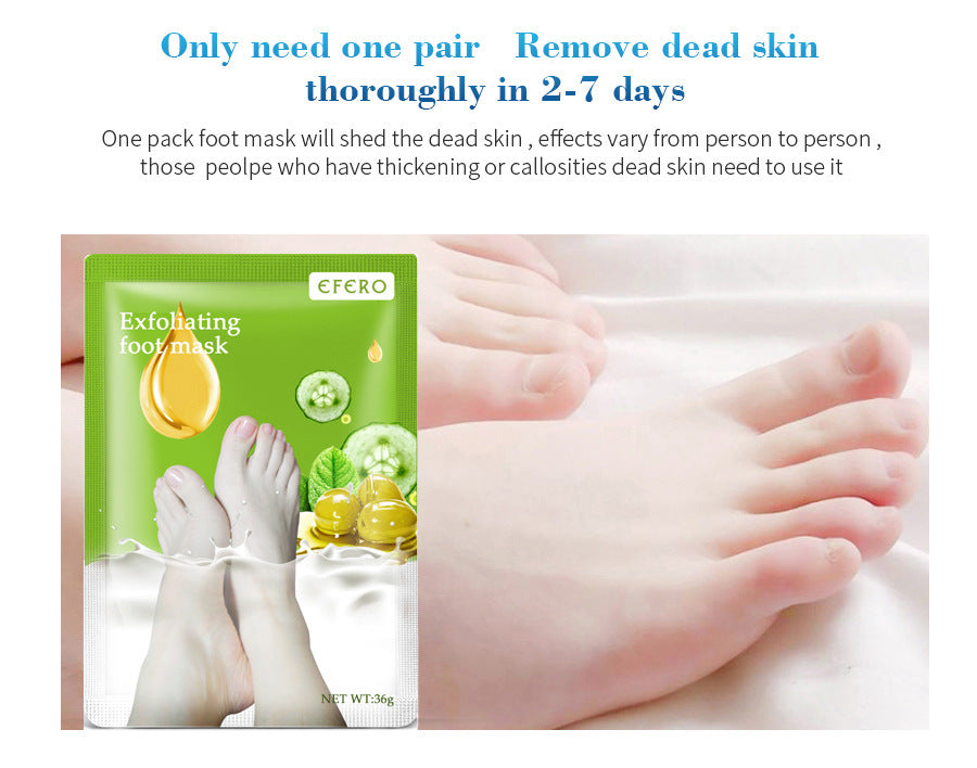 Exfoliating foot mask packaging with text on a white background