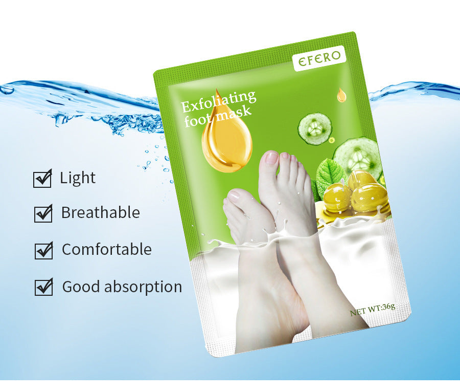 Exfoliating foot mask packaging with green label and images of feet, on a blue water background.