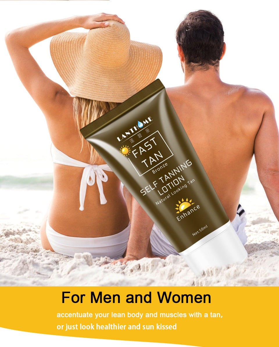 Two people on a beach with a tube of Fast Tan self-tanning lotion in the foreground.