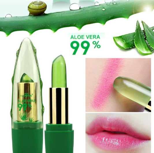 Green aloe vera lipstick with close-up of pink lipstick application on lips.