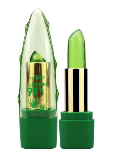 Green aloe vera lipstick with gold cap on a white background