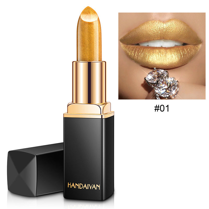 Black and gold lipstick with a close-up of lips wearing the color, branded 'HANDAIYAN'.