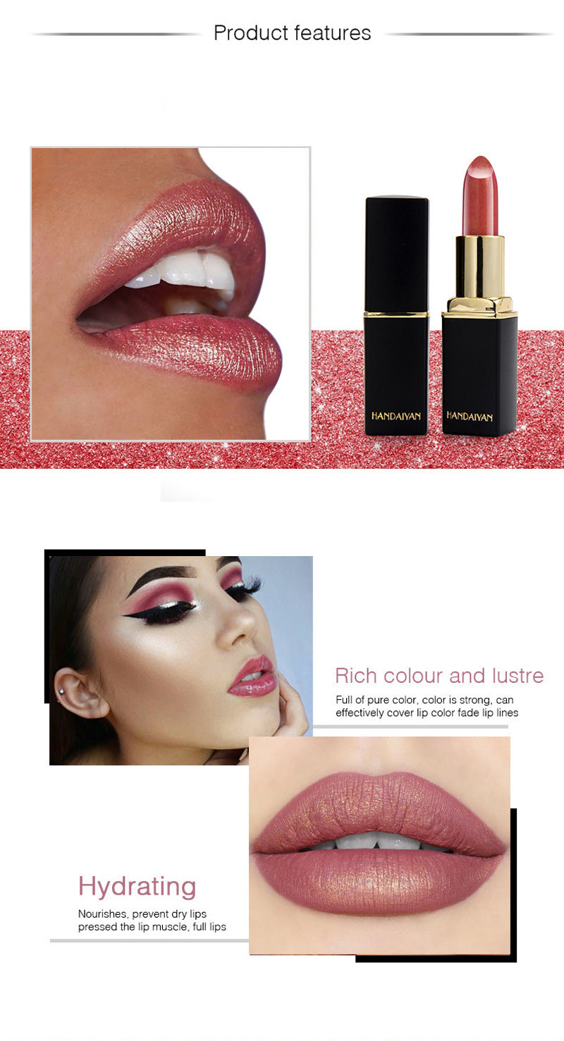 Lipstick with close-up of lips and model wearing makeup, featuring 'Rich colour and lustre' and 'Hydrating' text.