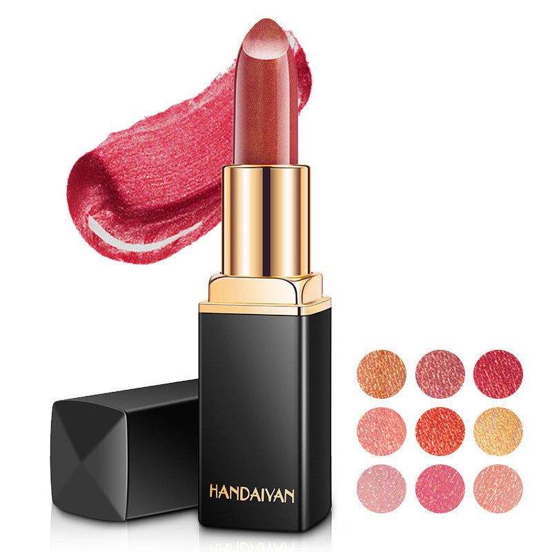 Lipstick with gold cap and black casing, featuring HANDAIYAN branding, on a white background with color swatches.