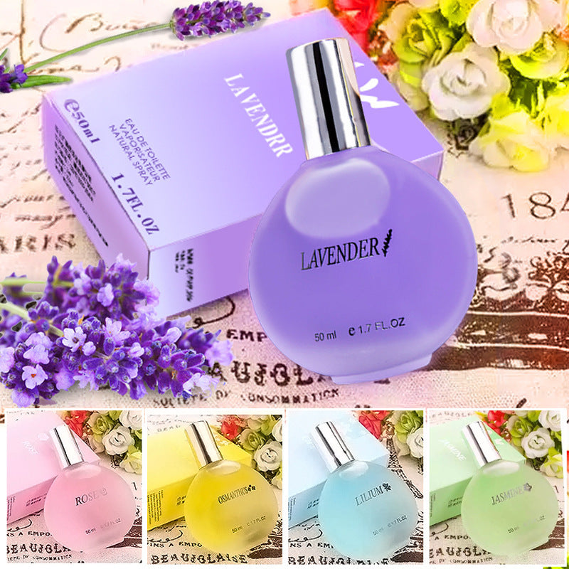 Lavender perfume bottle with packaging on a decorative background