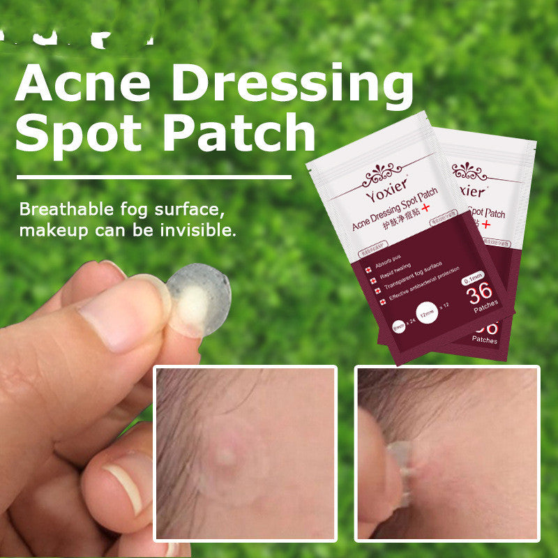 Acne dressing spot patch packaging with a hand holding a patch and before/after images on a grass background.