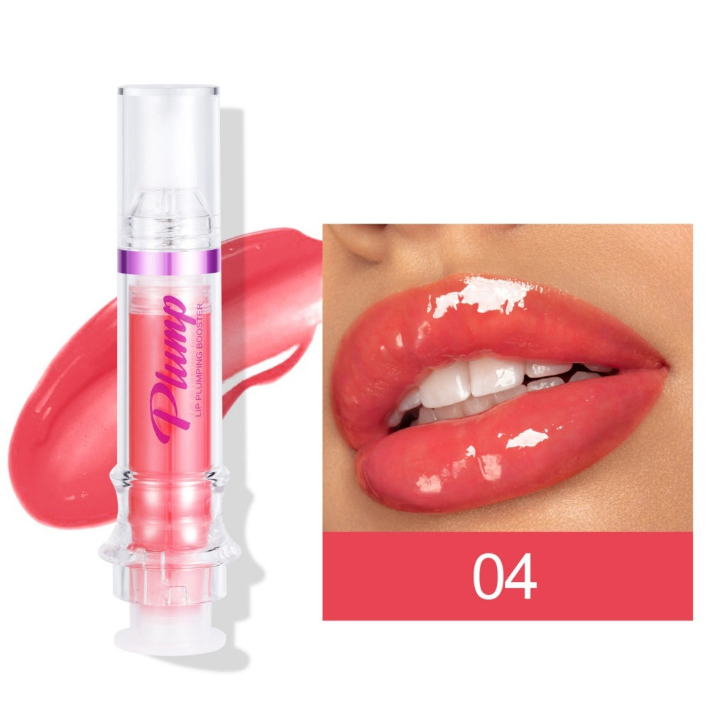 Lip gloss with a close-up of lips wearing the product, showing color swatch.