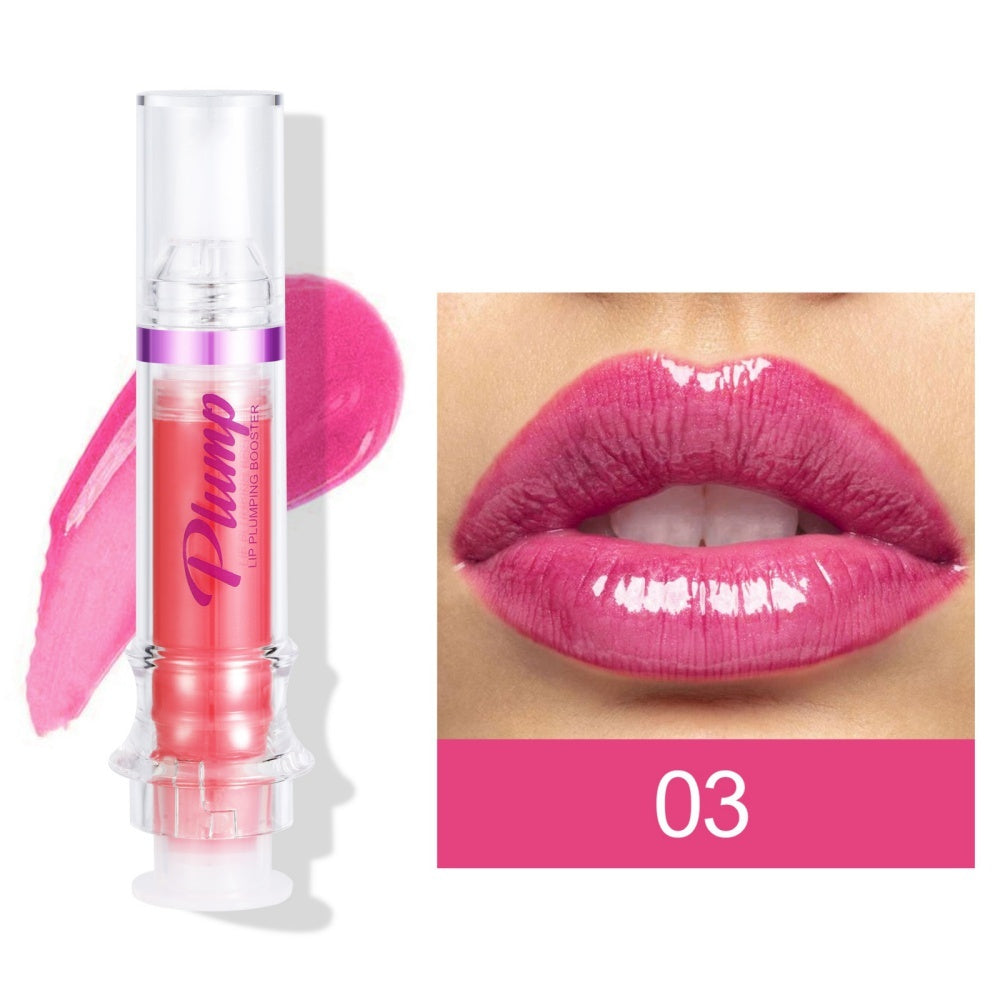 Pink lip gloss with a close-up of lips wearing the color on a white background