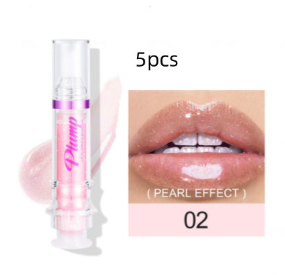 Lip gloss with a pearl effect on lips and product packaging.