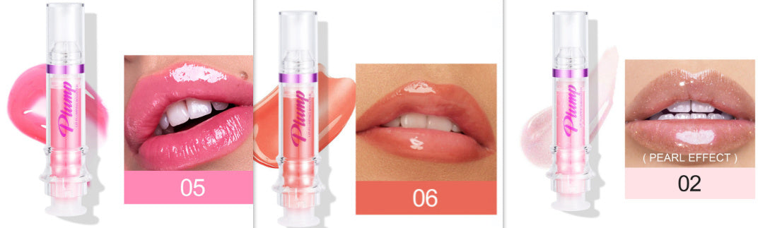 Set of lip gloss products with close-up shots on lips and product packaging.