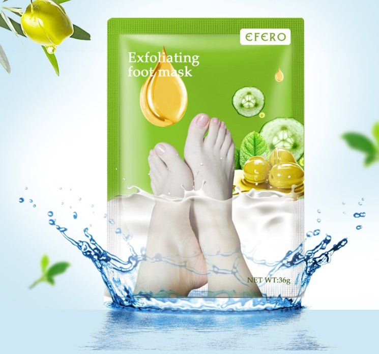 Exfoliating foot mask packaging with a green background and foot imagery.