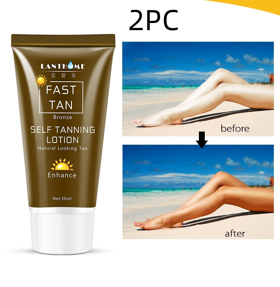 Lantern Fast Tan self-tanning lotion with a before and after comparison of tanned legs on a beach.
