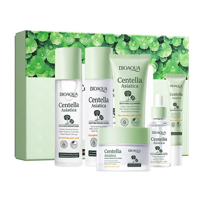 Bioaqua Centella Asiatica skincare product set with green packaging on a white background