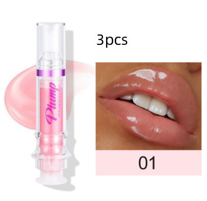 Lip gloss packaging with a sample application on lips, labeled '3pcs' and '01'.
