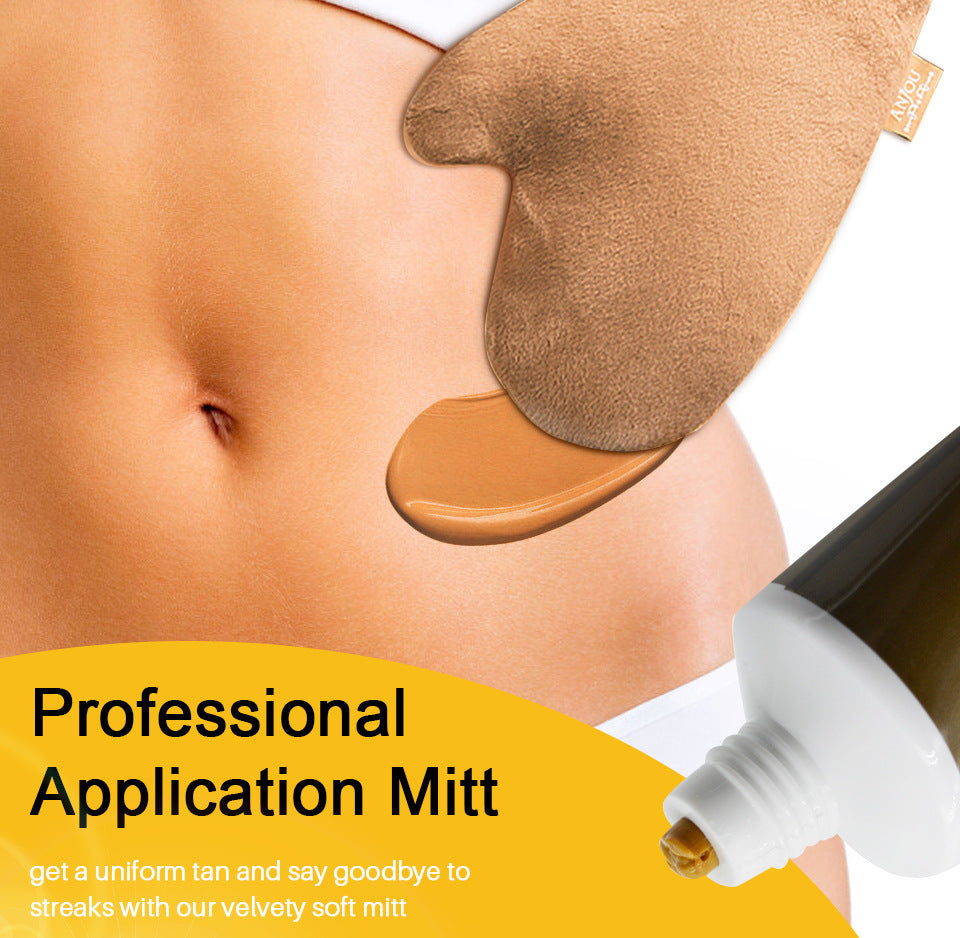 Professional application mitt for tanning with a tube of tan product on a white background