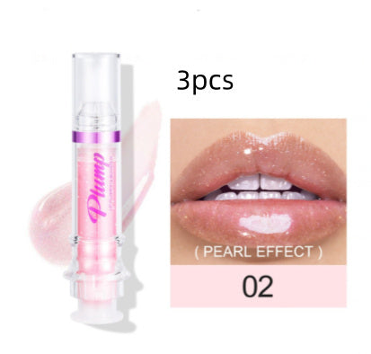 Pink lip gloss with '3pcs' and 'Pearl Effect 02' text on a white background