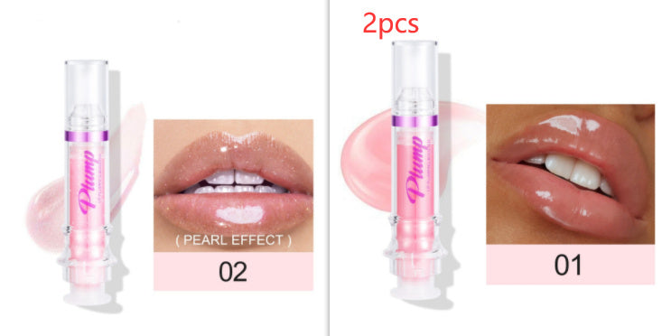 Lip gloss with pearl effect on lips and packaging shown.