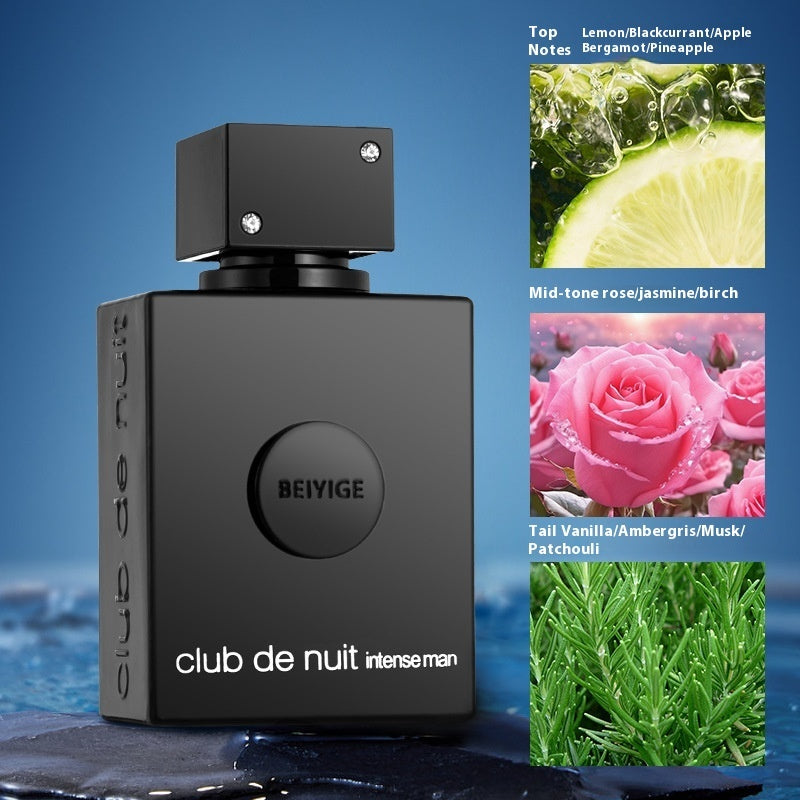 Black perfume bottle labeled 'BEIYIGE club de nuit intense man' with fragrance notes on a blue background
