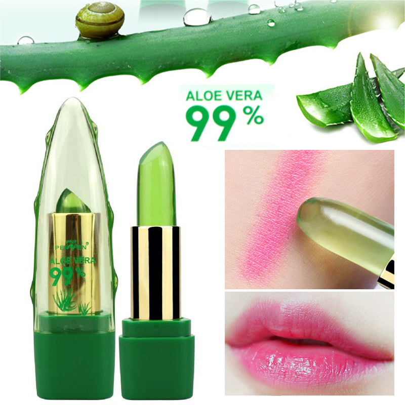 Green aloe vera lipstick with aloe vera leaves and snail on a white background
