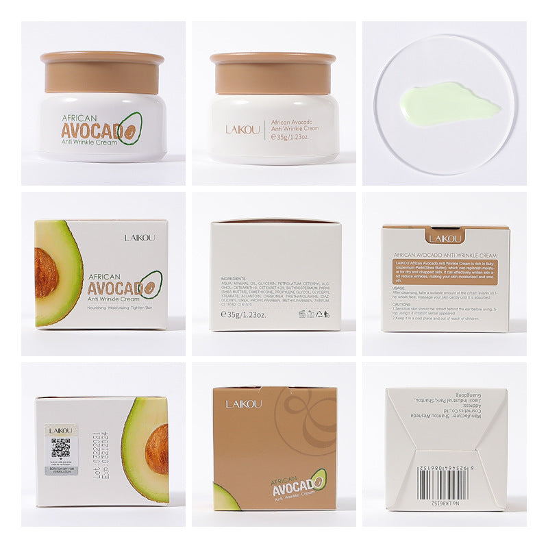 Collage of African Avocado skincare products including jars, boxes, and packaging on a white background.