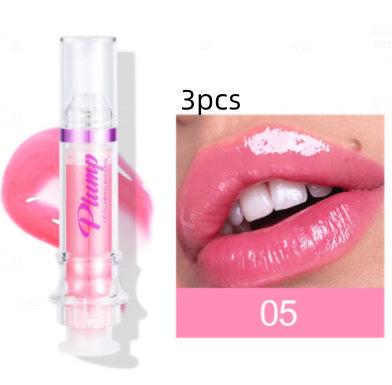 Pink lip gloss with packaging and close-up of lips wearing the product.