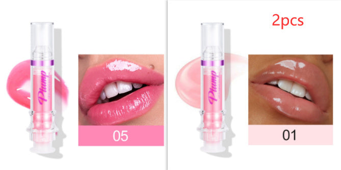 Pink lip gloss with application on lips and packaging details.