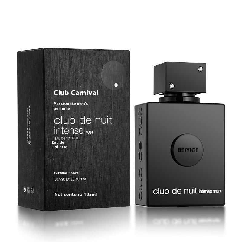 Black perfume bottle and packaging of Club de Nuit Intense by BEIVIGE on a white background