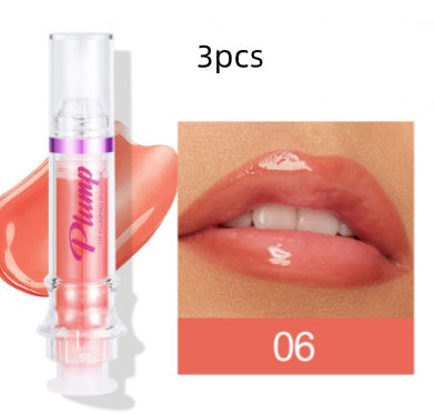 Pink lip gloss with a close-up of lips wearing the product, labeled 'Plump' and '06'.