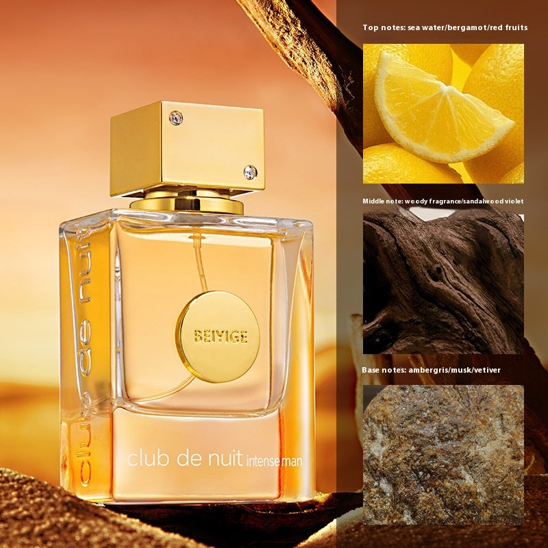 Beivige perfume bottle with notes of water, bergamot, red fruits, woody fragrances, sandalwood, ambergris, musk, and vetiver on a warm background.