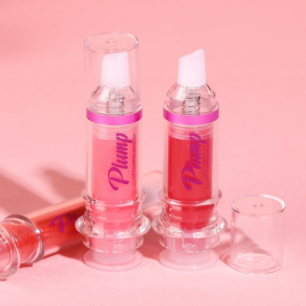 Pink lip plumper bottles with 'Plump' text on a pink background
