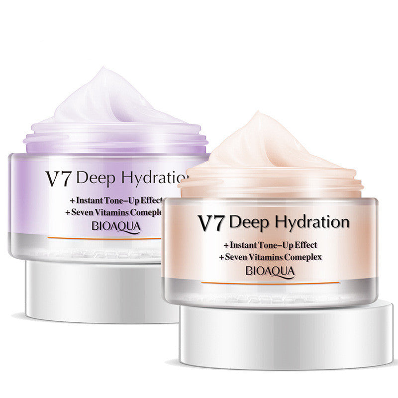 Two jars of V7 Deep Hydration BIOAQUA cream, one purple and one pink, on a white background.