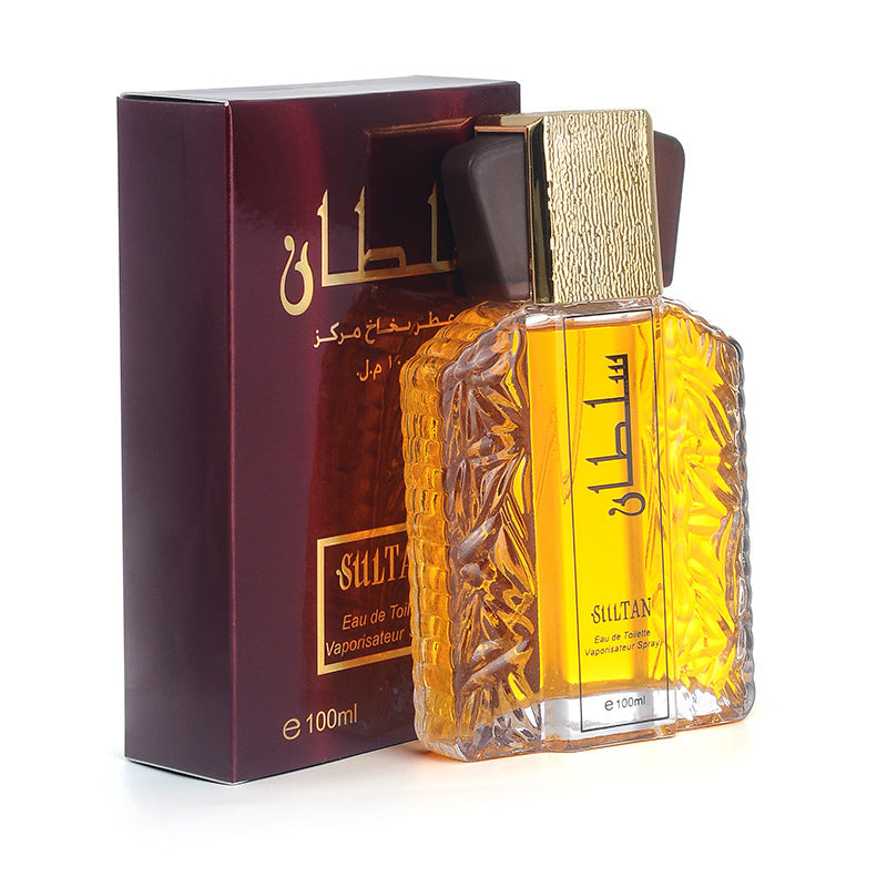 Perfume bottle and packaging with 'Sultan' branding on a white background