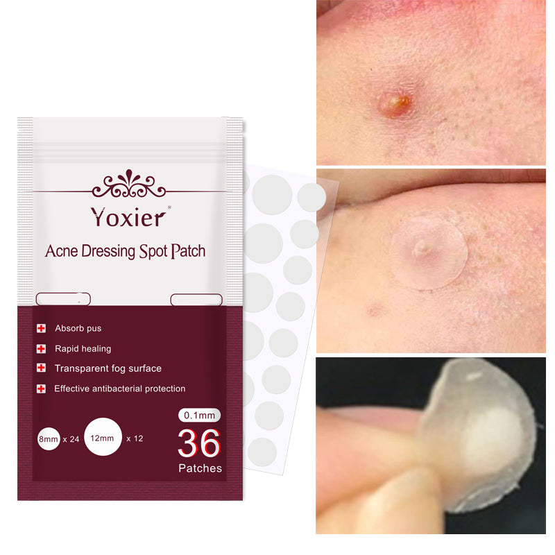 Yoxier acne dressing spot patch packaging with before and after images of skin.