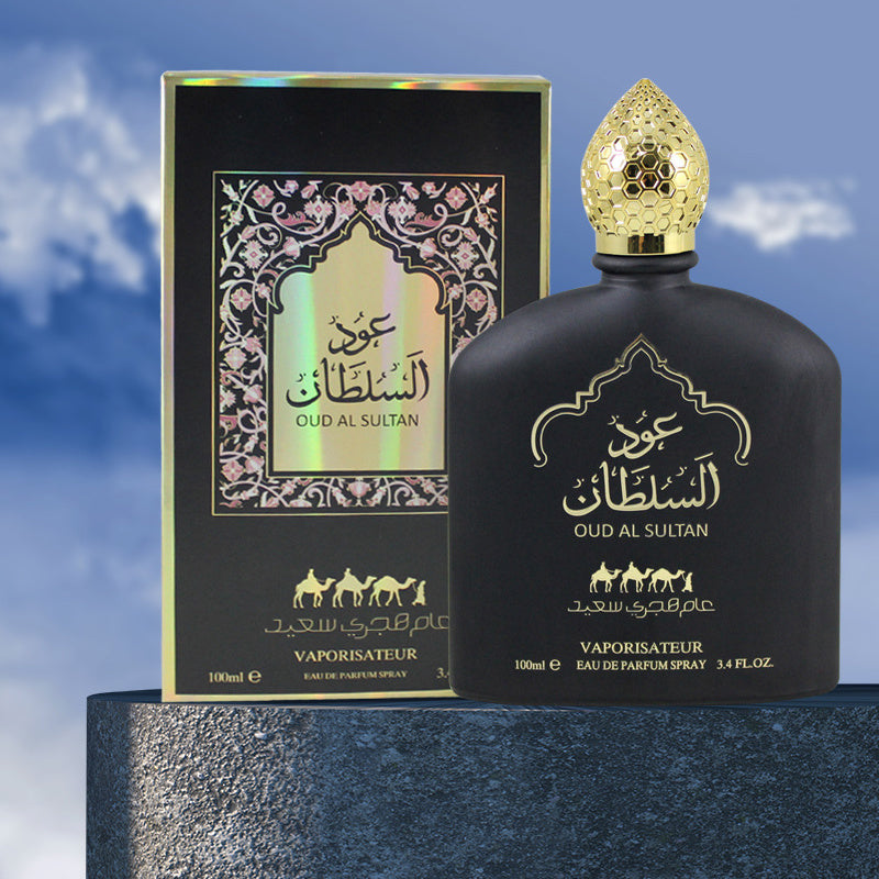 Oud Al Sultan perfume bottle and packaging with a blue sky background