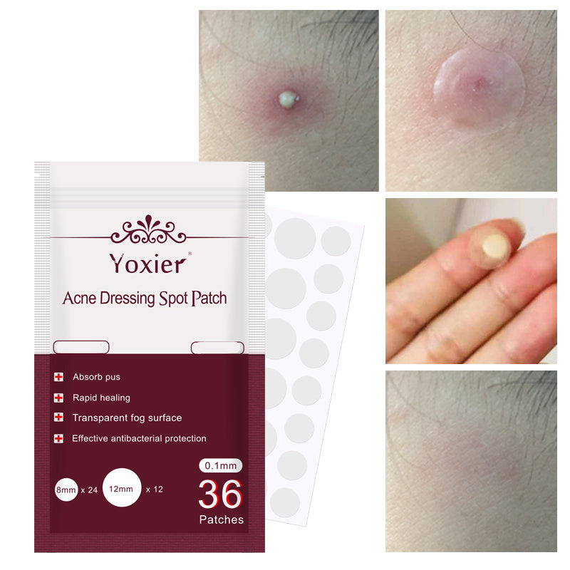 Yoxier acne dressing spot patch packaging with before and after images of skin treatment.