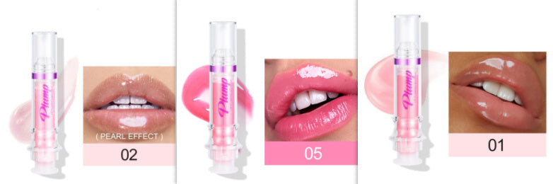 Lip gloss with close-up shots on lips and packaging, labeled '01' to '05'.