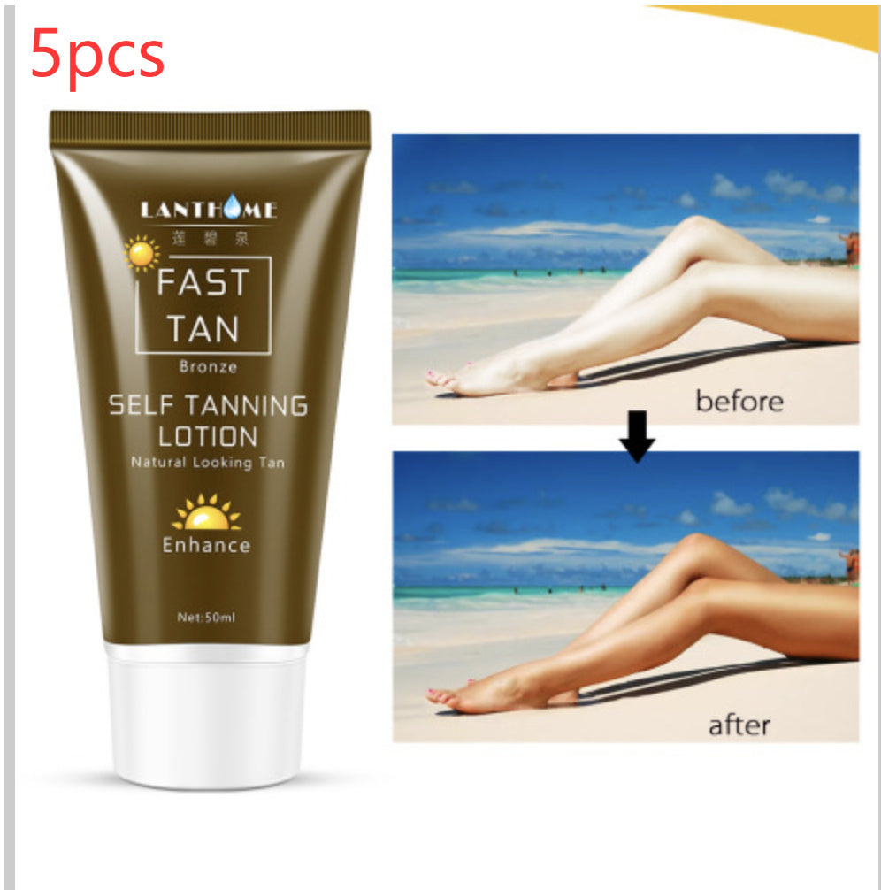 Tube of self-tanning lotion with '5pcs' text and beach scene showing legs before and after use.