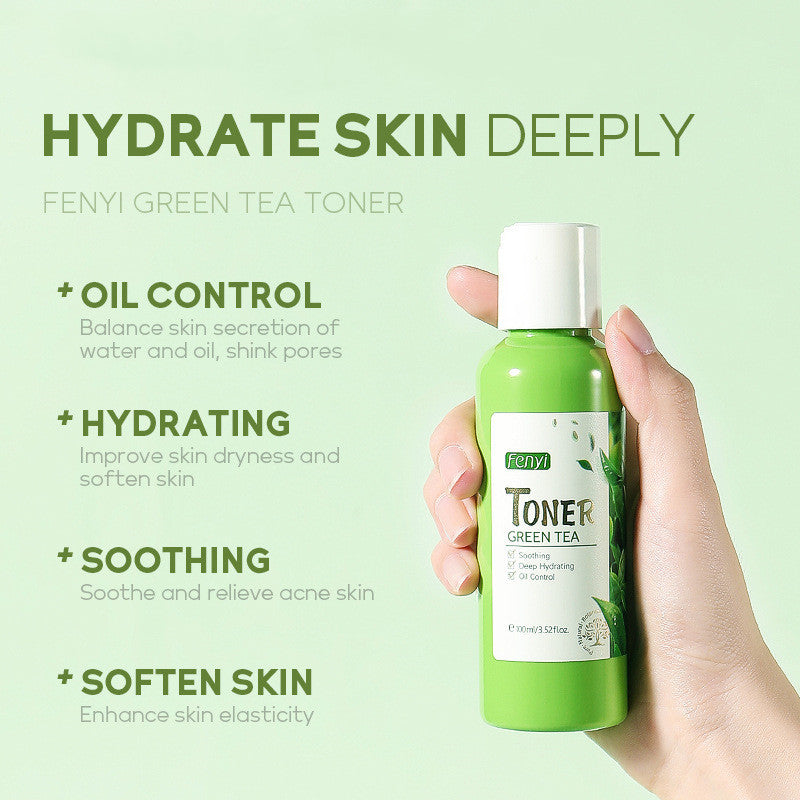 Green tea toner bottle held by a hand with product features listed on a green background