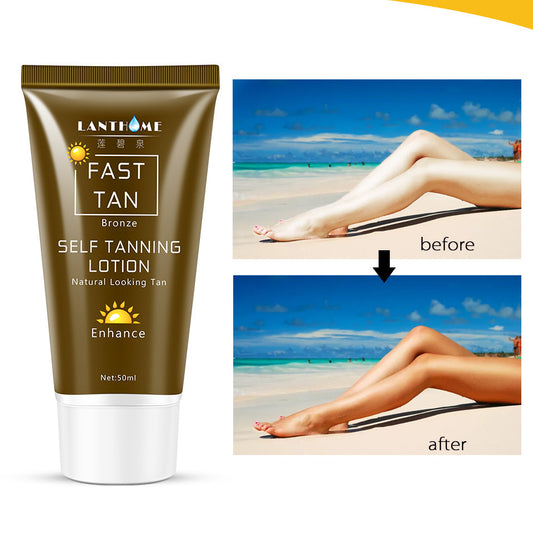 Lantone Fast Tan self-tanning lotion with a before and after comparison of tanned legs on a beach.