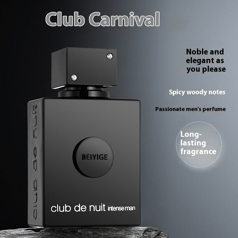 Black perfume bottle labeled 'Club de Nuit Intense Man' by Bevige on a dark background with text describing the fragrance.