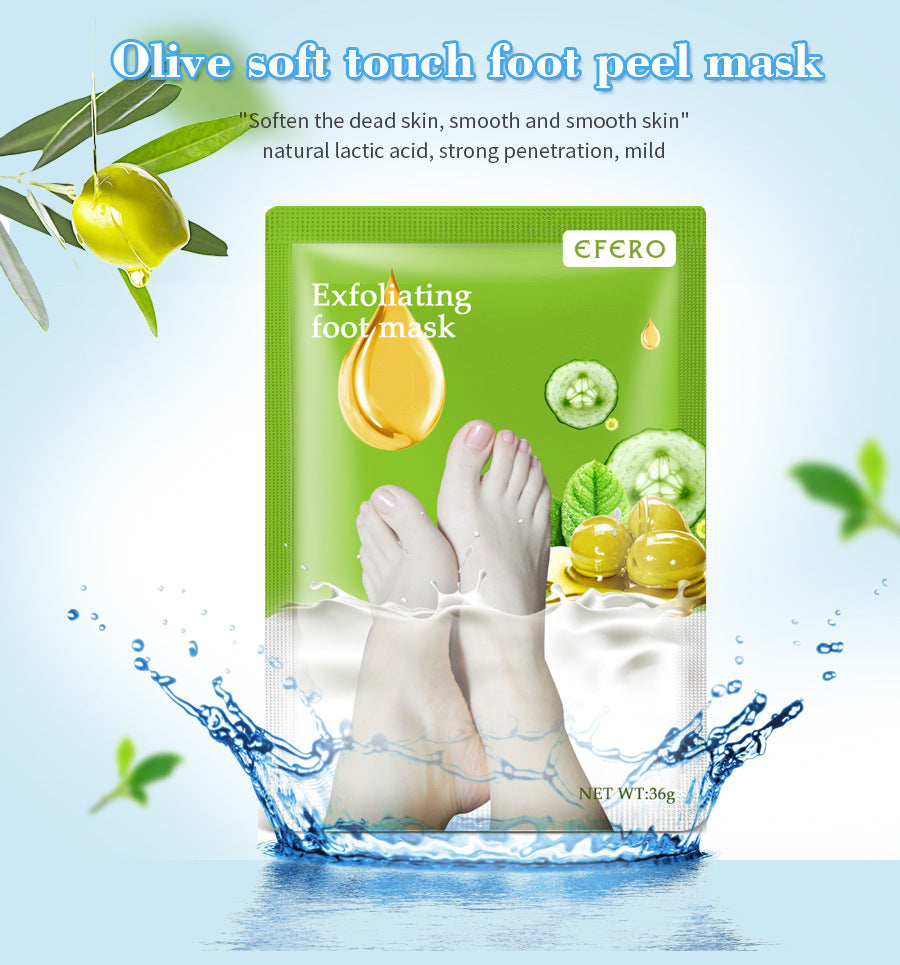 Exfoliating foot mask packaging with olive oil and cucumber graphics on a blue background