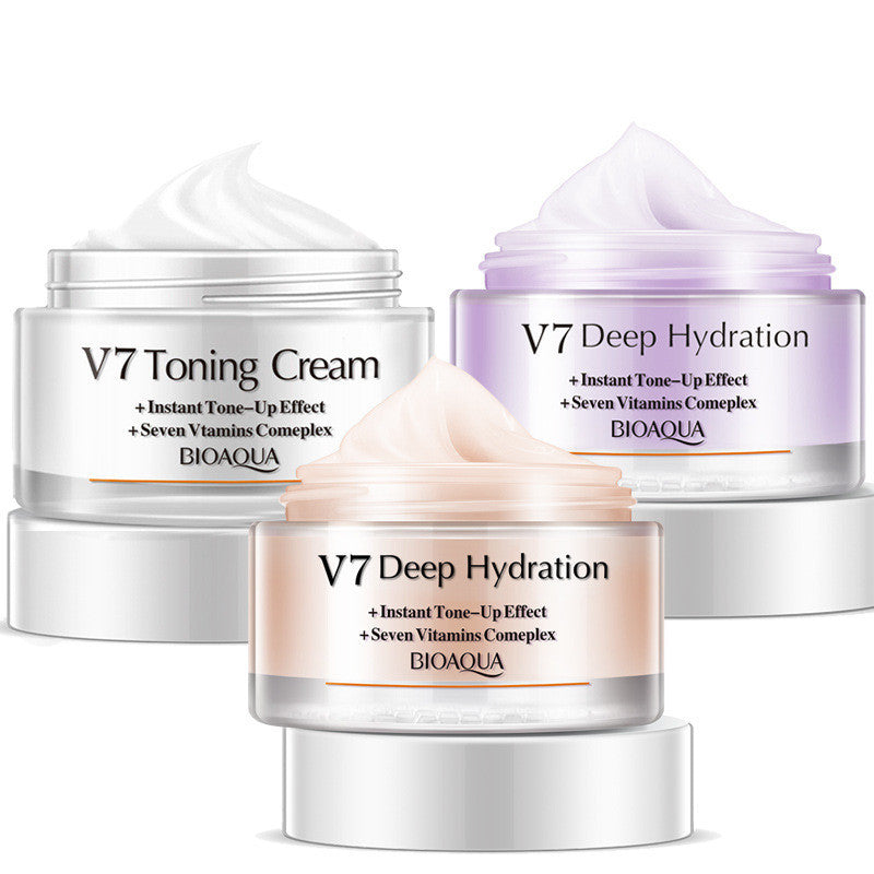 Three jars of BIOAQUA V7 Toning Cream and V7 Deep Hydration cream on a white background
