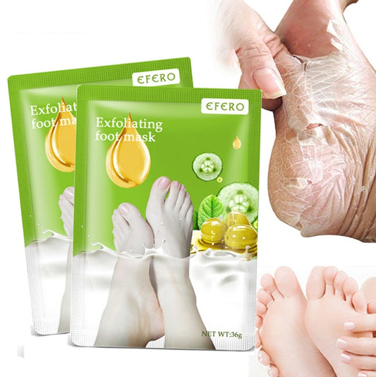 Exfoliating foot mask packaging with a before-and-after effect on feet.